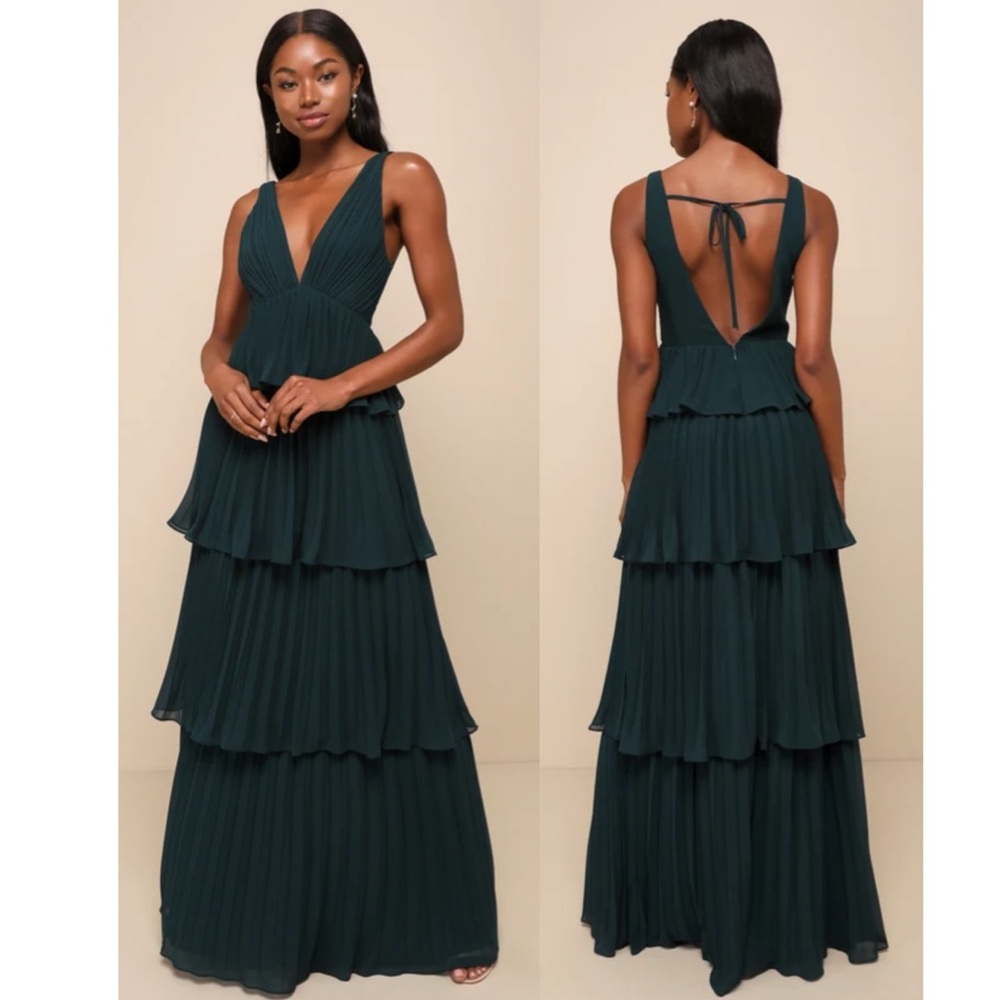 Lulus Emerald Pleated Backless Tiered Maxi Dress